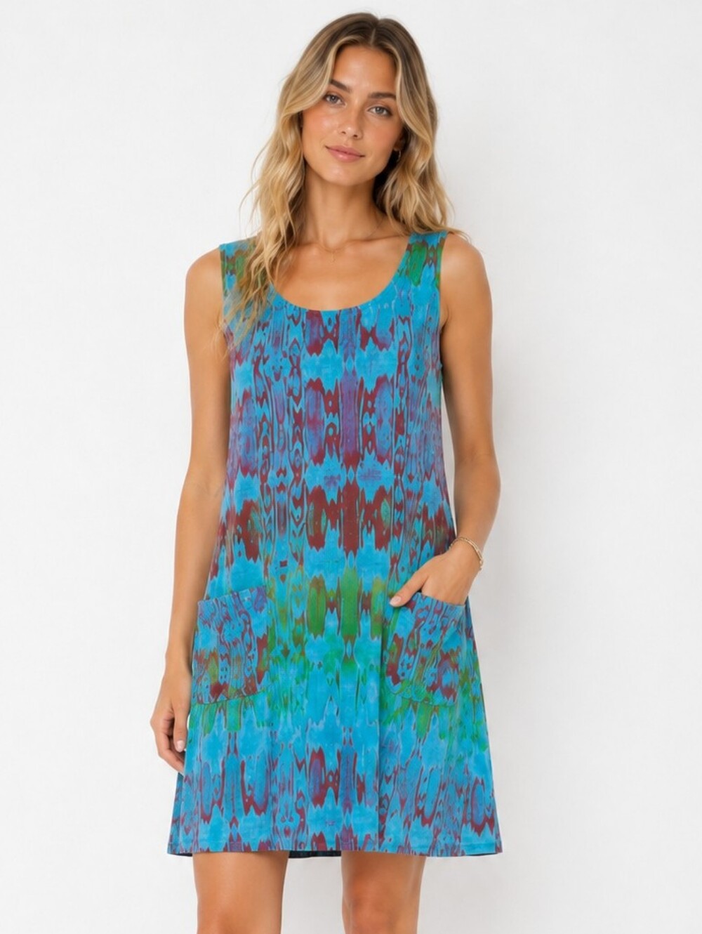Fresh Produce Turquoise Dress USA Cotton Abstract Print Tank With Pockets M